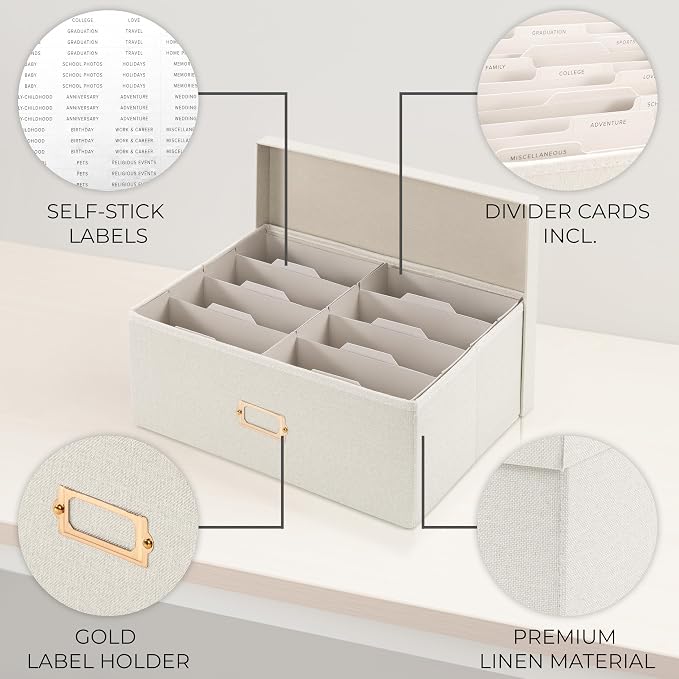 Decorative Photo Storage Box - Sturdy Linen Organizer Holds 1700 Photos | Organizer with Dividers Stores Up to 5x7 1700 Pictures - Portable Scrapbook Storage Containers with Lid - Image 6