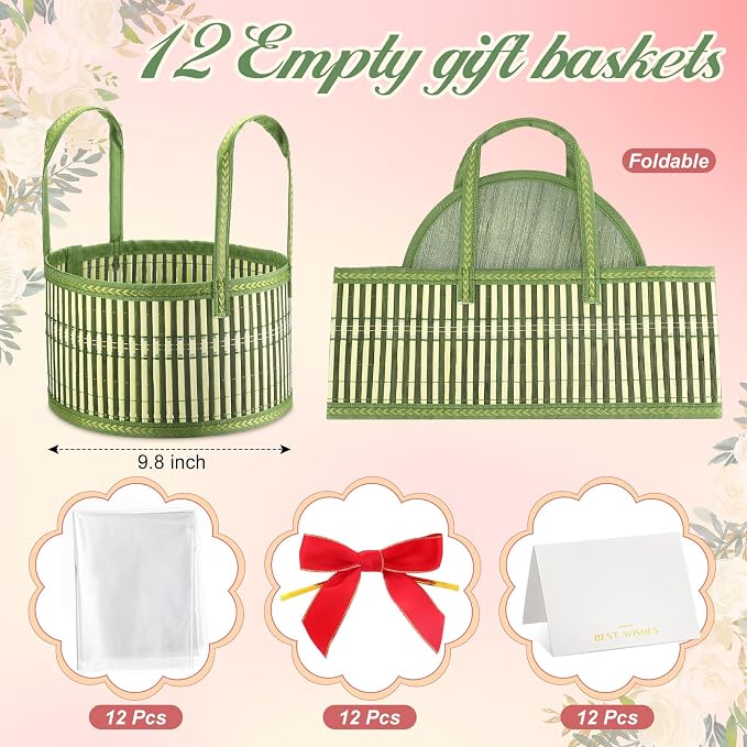 Weysat 12 Set Baskets for Gifts Empty Bulk, Large Woven Bamboo Gift Basket Kit with Handles, Bow, Wrap Bag to Fill for Raffle Thanksgiving Day Wedding Birthdays Party Wrapping (Green) - Image 3
