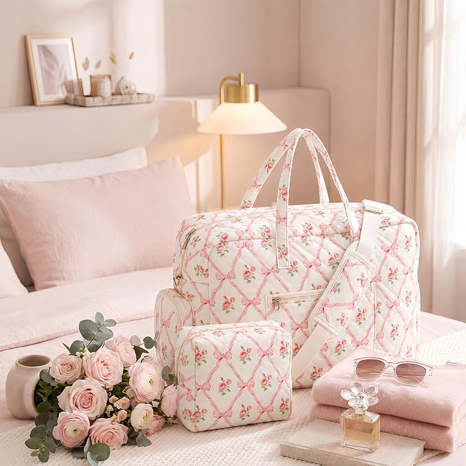 Abbylike Hospital Bag for Women, Quilted Weekender Duffle Bag,Rose - Image 7