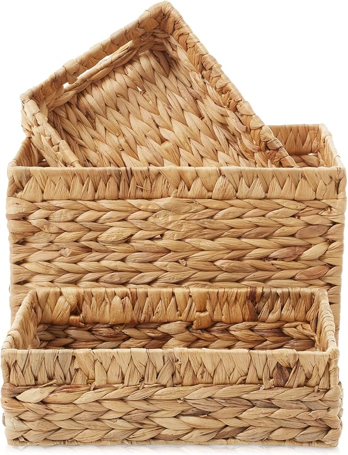 Casafield Set of 3 Water Hyacinth Storage Baskets with Handles - 1-Medium, 2-Small Woven Organizers for Bathroom, Laundry, Pantry, Office, Shelves - Image 3