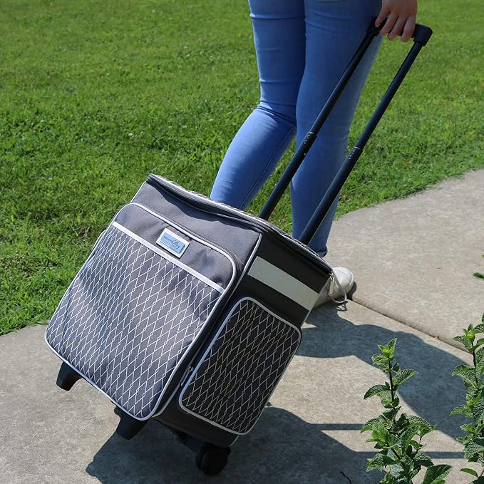 Everything Mary Rolling Scrapbook Storage Tote – Grey/White Diamond Craft Case for Paper, Binders, Beads, Scissors & Supplies – Telescoping Handle with Dual Wheels - Image 4