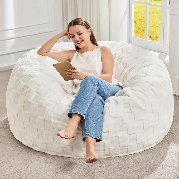 Hobestluk Adults Bean Bag Chair 4FT Big BeanBag Chair Extra Large Oversized | Memory Foam,Washable Cover,Unique Fluffy Plaid,Comfy Big Bean Bag with Filler Lounging Gaming Bedroom Living Room | White 4FT by YourHomeDeservesMore