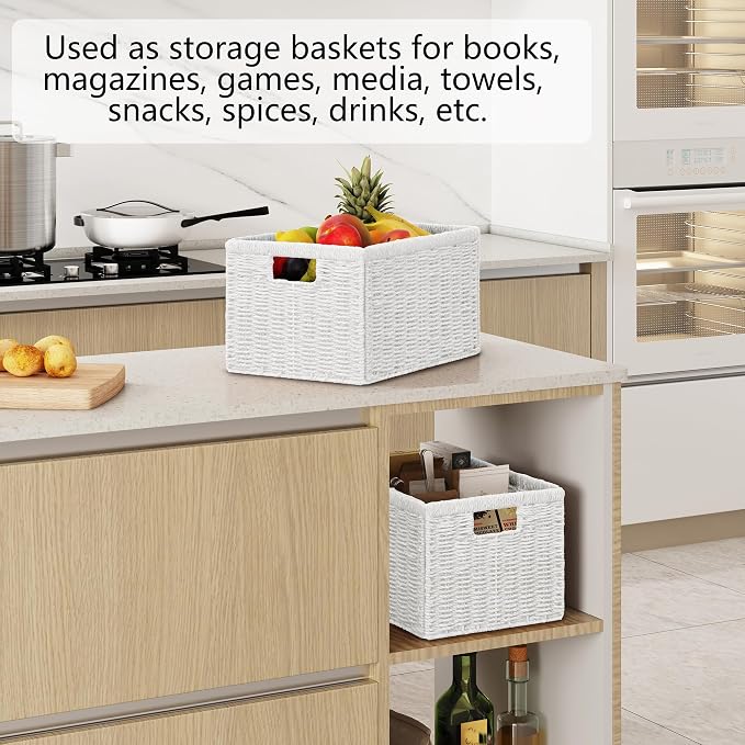 2 Packs Large Wicker Storage Basket, Closet Storage Baskets Bins for Shelves, Decorative Collapsible Baskets for Organizing Clothes Toy Nursery Bathroom Organizers and Storage, White - Image 6