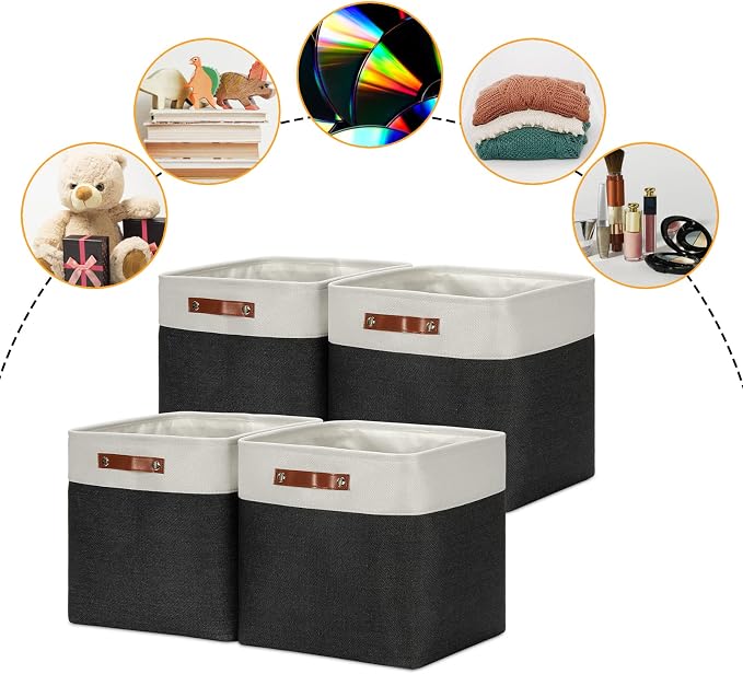 DULLEMELO Storage Baskets, 13 Inch Cube Storage Bins for Shelves Closet Storage, Foldable Linen Closet Organizers Storage Baskets for Closet Storage (4 Pack - 13" White&Black) - Image 4