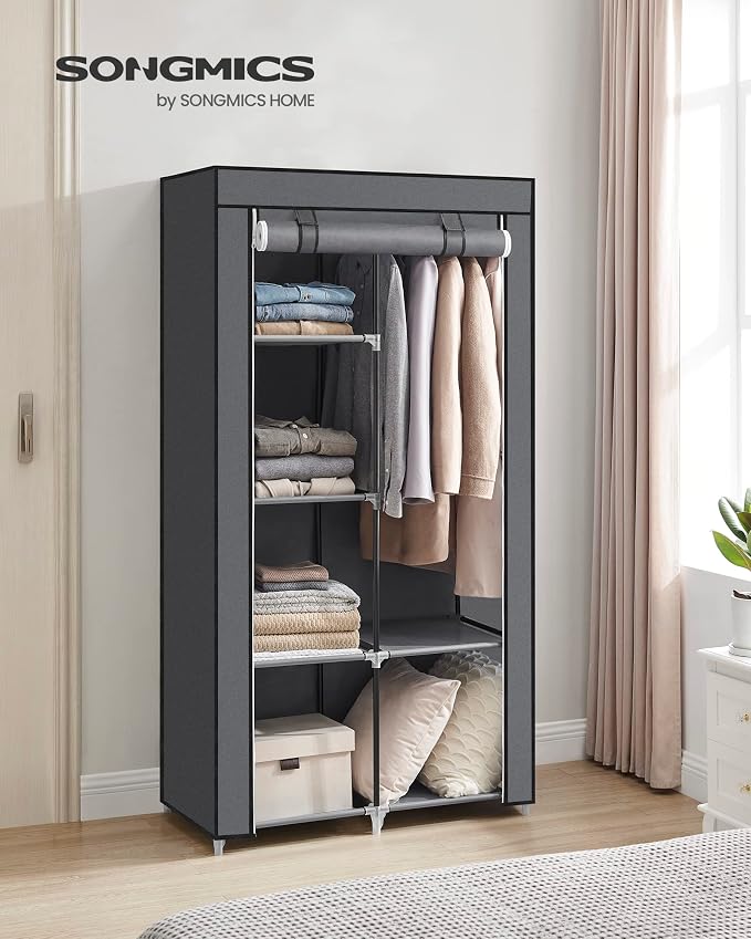 SONGMICS Portable Closet, Fabric Wardrobe, Clothes Rack with Shelves | Large Capacity, 1 Hanging Rod, Pockets, 17.7 x 34.6 x 66.1 Inches, Dove Gray, RYLAN Collection URYG84GY - Image 2