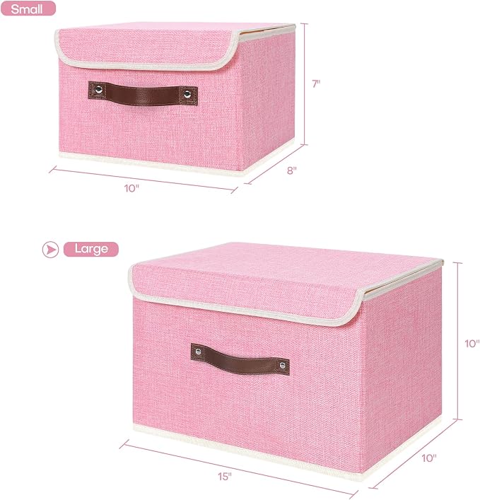ANMINY Fabric Storage Box Bins with Lids, Pink, 15"x10"x10", 2 Pack | Keepsake Memory Storage, Cotton Linen, PP Board Reinforced, Washable, PU Handles, Foldable & Stackable, Decorative, Large - Image 5