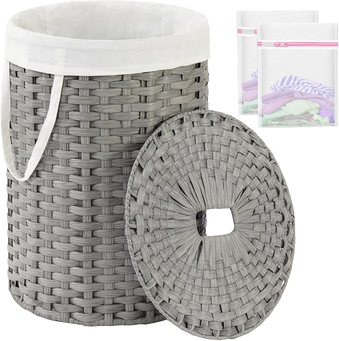 SETVSON Laundry Basket with Lid 23.8 Gal Round Laundry Hamper Grey | The lid hides dirty clothes, keeping spaces neat and fresh. 90 L Large Capacity, Stylish Design with Handles Easy Transport by SETVSON