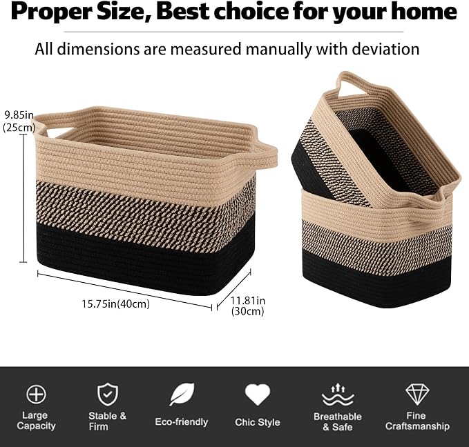 OIAHOMY Woven Storage Basket, Cotton Rope Baskets for Toys,Towel, Clothes, Used to Bathroom,Living Room,Nursery,Bedroom, 16"x12"x10"- Pack of 3, Black & Brown - Image 3