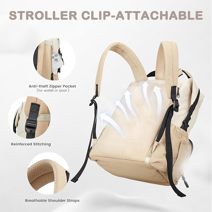 VONAL Diaper Bag Backpack, Lightweight Baby Diaper Bags, Travel Large Diaper Bag with Changing Station, Khiki Diaper Backpack for Boys Girls Newborn with Insulated Pockets, Stroller Straps - Image 5
