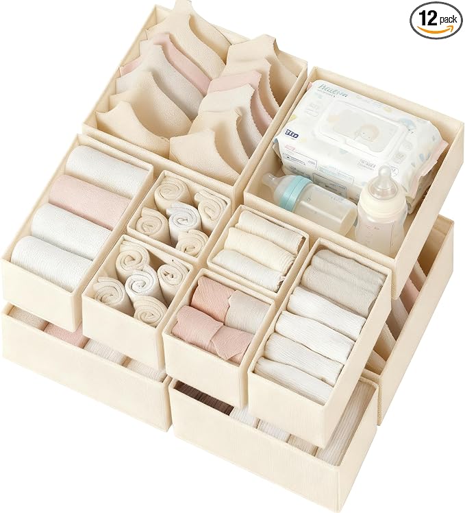 Drawer Organizer Clothes 12 Pack, Dresser Organizer for Nursery Bedroom Closet Organization and Storage - Baby Clothes Organizer Bins - Drawer Divider for Sock Underwear Bra Ties (Beige) by Criusia