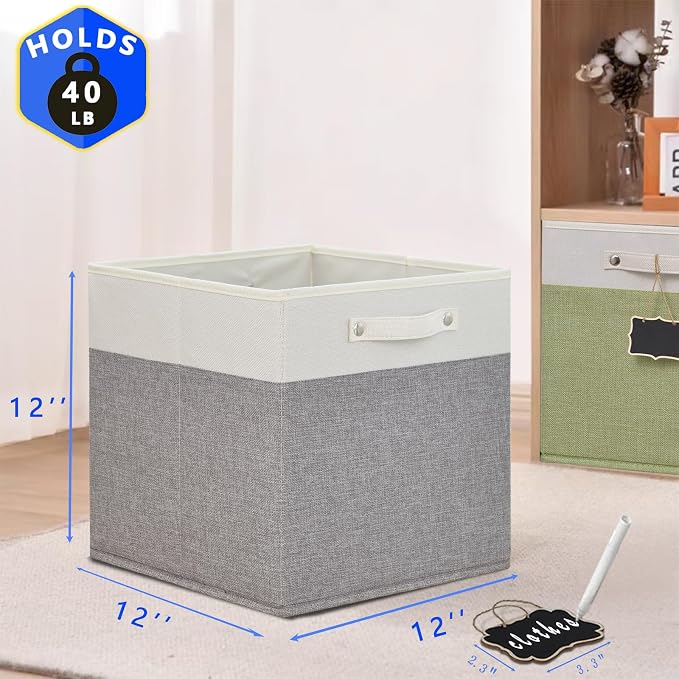 12x12 storage cube bins 4 Pack,Collapsible Fabric Storage Cubes with Labels,Linen Cube Storage Organizer Bins with Cotton Handles,Square Storage Cubes for Home,Office,Clothes,Cabinet (White Grey). - Image 5