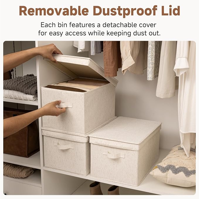 StorageWorks Fabric Storage Bins with Lids, Closet Storage Bins | Lidded Dust-proof, Easy Pull Handles, Foldable, Stackable, Ideal for Clothes Blanket Towel, Jumbo, Rustic Linen, 3-Pack - Image 2