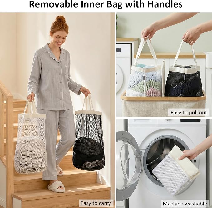 efluky Laundry Hamper with Lid, Double Laundry Basket with 2 Removable Bags, 2 Section Laundry Bin with Bamboo Handles for Bathroom, Bedroom & Laundry Room, 115L (30.4 Gallon) Beige - Image 4