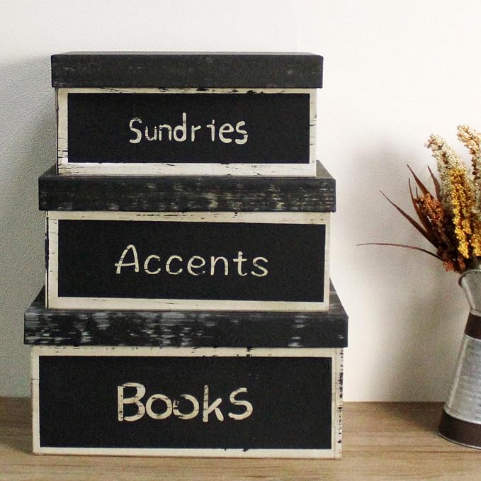 Primitive Vintage Rectangular “Sundries, Accents, Books” Cardboard Nesting Boxes, Large 12 X 9 X 5-1/2 Inch. Set of 3. - Image 3