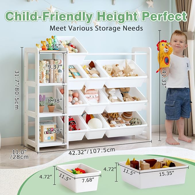 MallBest Toy Storage Organizer with Bookshelf, Kids Wooden Shelf with 12 Removable Bins for Books, Toys, Playroom, Nursery, Bedroom, White, Medium - Image 2