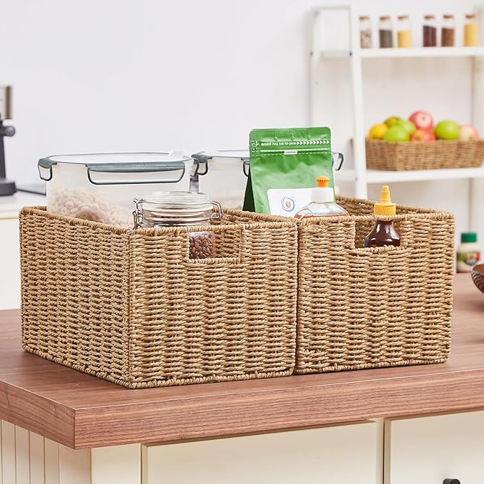 Wicker Storage Basket, Set of 2 Hand-Woven Paper Rope Wicker Basket, Small Storage Baskets for Organizing Toilet Paper Basket, Foldable Large Cube Storage Organizer Bins for Shelves (Natural) - Image 5
