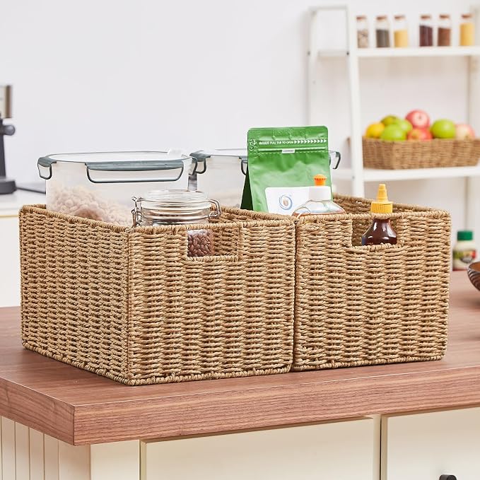 Wicker Storage Basket, Set of 2 Hand-Woven Paper Rope Wicker Basket, Small Storage Baskets for Organizing Toilet Paper Basket, Foldable Large Cube Storage Organizer Bins for Shelves (Natural) - Image 5