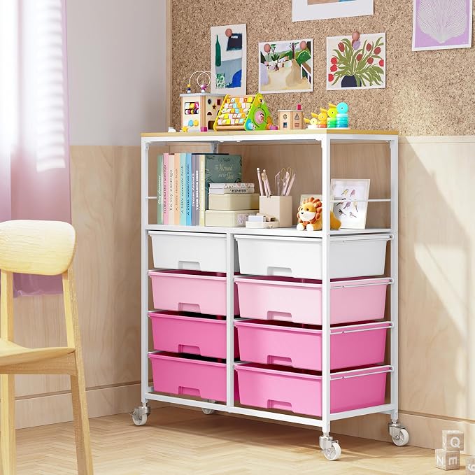 Rolling Storage Cart with 8 Large Drawers, Wooden Tabletop | Open Storage Shelves, Mobile Craft Organizer with Lockable Wheels for Home, Classroom, Office Supplies & Art Studio,Pink - Image 7