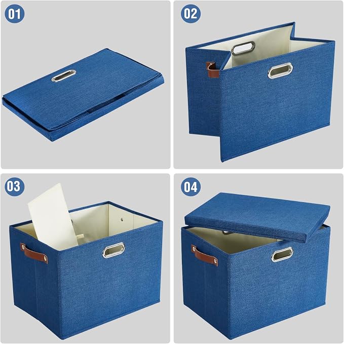 17" Large Fabric Storage Box with Lids, 3-Pack, Navy | Stackable, Foldable, 2 PU Handles and 2 Metal Handles, Decorative Fabric, For Home, Bedroom, Closet, Office, Nursery - Image 5