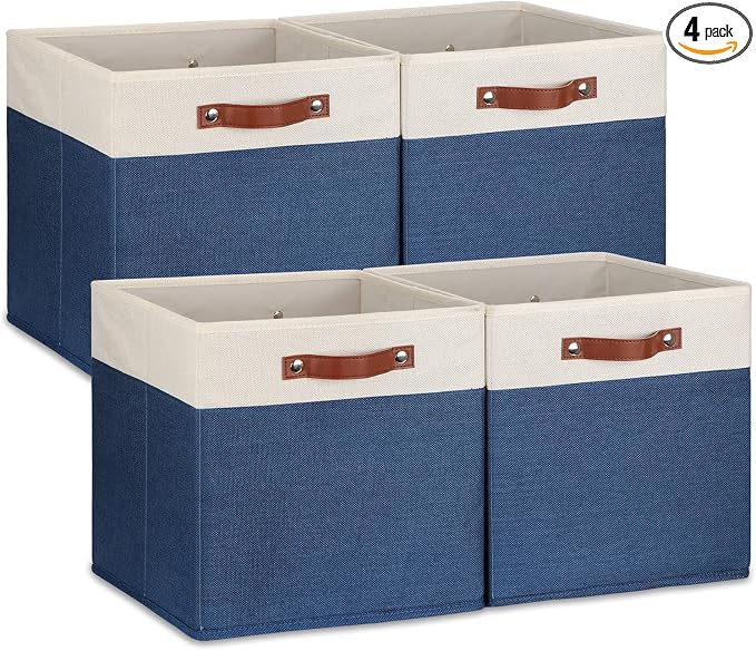 Temary Fabric Storage Bins for Cube Organizer 4 Pack Cube Storage Bins 13 Storage Cubes for Shelves Storage Baskets for Organizing Books, Clothes, Towels (White & Blue, 13x13x13 Inch) by TEMARY