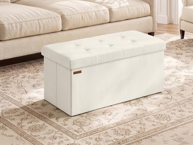 SONGMICS Mazie Collection - Storage Ottoman Bench, Foldable Foot Rest, 15 x 30 x 15 Inches, End of Bed Bench, Storage Chest, Load 660 lb, Living Room, Bedroom, Entryway, Cream White ULSF603W01 by Unknown
