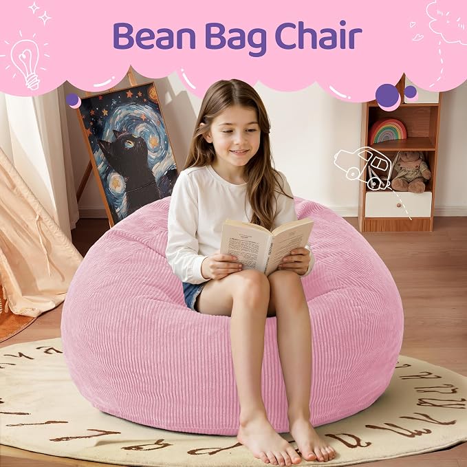 2FT Bean Bag Chair: 2' Small Bean Bags with Memory Foam Filled | Beanbag Chairs with Handle,Teardrop Bean Bag Sofa with Corduroy Machine Washable Cover for Living Room,Bedroom-Light Pink - Image 3