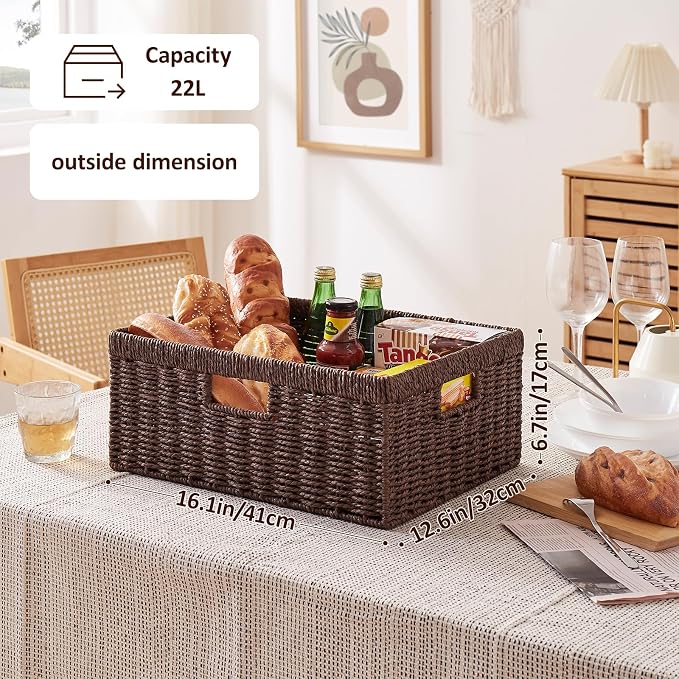 OIAHOMY Wicker Storage Basket, Rectangular Paper Rope Shelf Baskets with Built-in Handles, Woven Decorative Organizer for Pantry, Shelves, Living Room and Bathroom, 1-Pack Brown - Image 4