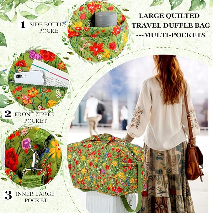 Dansydaisy Large Quilted Travel Duffle Bag for Women Floral Portable Gym Weekender Bag with Zipper Pockets Workout Grocery Pouch Duffle Gift Pouch for Work(Yellow Green Grassland) - Image 6