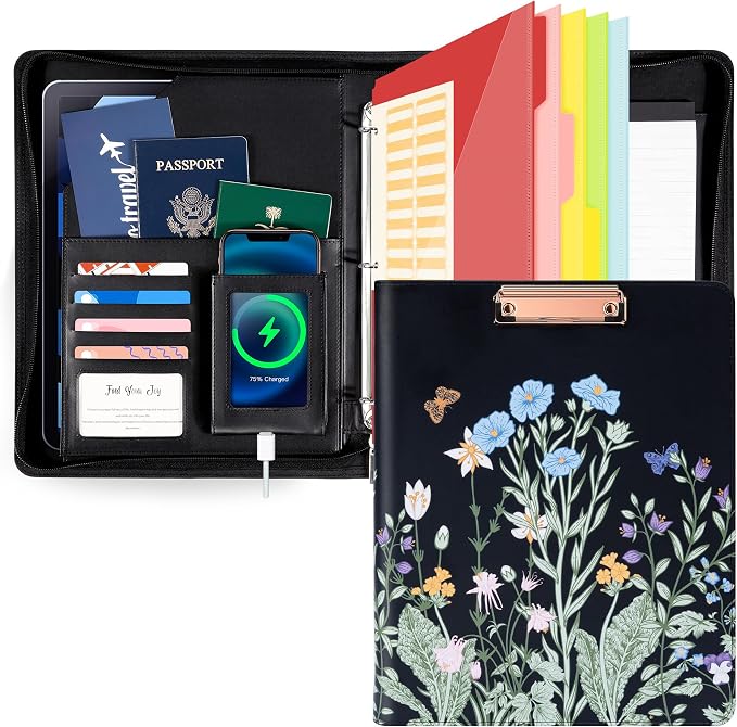 Ospelelf Leather Clipboard with Storage, Zippered Padfolio Portfolio Organizer, 3 Ring Binder 1 Inch, Notepad, Tablet Sleeve, 5 Dividers with Pocket for Office,Students, Teachers Night Flowers by OspelelfOfficeSupplies