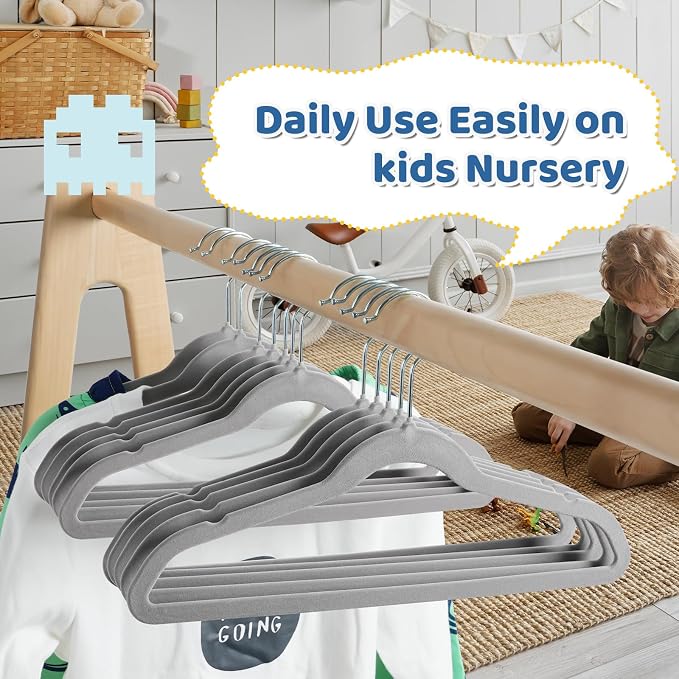 Premium 14 Inch Kids Hangers 100 Pack, Baby Velvet Hanger Non Slip | Grey Space Saving Felt Hangers Clothes Organizers for Closet with 360° Swivel Hook for Children, or Wholesale Small business - Image 8
