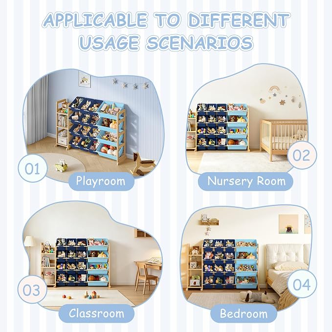 EXPERLAM Toy Storage Organizer, Toy Storage Shelf with 3 Shelves and 16 Storage Bins (12 Small + 4 Large), 3-in-1 Kids Bookshelf for Kids Rooms, Playroom, Nursery, Blue - Image 9