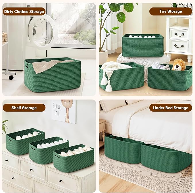 3 Pack Large Storage Basket for Organizing, 17.5"x13"x7" Woven Basket for Shelves, Closet Cube Storage Bins with Wrapped Handle, Cotton Rope Baskets for Kitchen, Clothes, Toys(Green) - Image 6