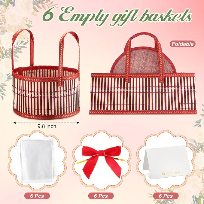 Weysat 6 Set Baskets for Gifts Empty Bulk, Large Woven Bamboo Gift Basket Kit with Handles, Bow, Wrap Bag to Fill for Raffle Thanksgiving Day Wedding Birthdays Party Wrapping (Red) - Image 2