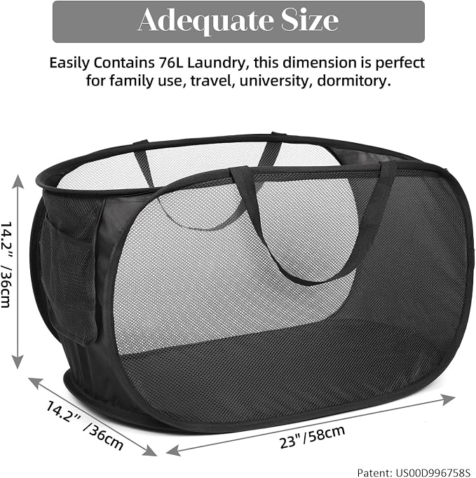 Durable Collapsible Laundry Baskets, Mesh Pop Up Laundry Hamper with Side Pocket, Foldable Clothes Storage Hamper with Reinforced Carry Handles for Laundry, Bathroom, Kids Room, Dorm or Travel Black - Image 3
