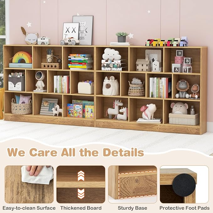 HONEY JOY Kids Toy Storage Organizer, 10-Section Wooden Floor Storage Cabinet, 41” Daycare Toy Chest, 3-Tier Kids Display Bookshelf for Classroom, Playroom & Nursery, Kindergarten (Natural) - Image 6