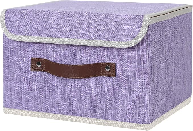 ANMINY Fabric Storage Box Bins with Lids, Purple, 10"x8"x7" | Keepsake Memory Storage, Cotton Linen, PP Board Reinforced, Washable, PU Handles, Foldable & Stackable, Decorative, Small by ANMINY