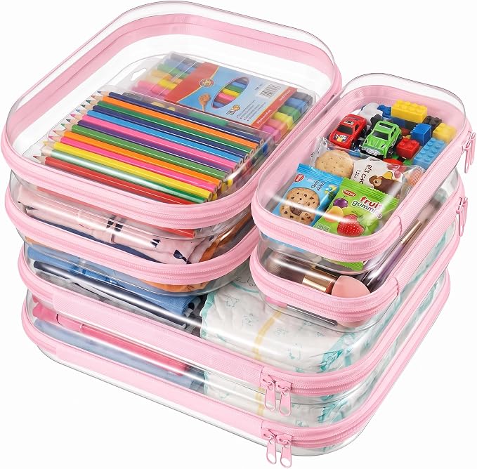 6PCS Clear Hard Shell Zipper Case 13.8 * 11.8 * 2 IN (Pink) | Transparent shell for easy item access. Works as cosmetic bag, toy pouch, diaper organizer and pencil case. by Calantre