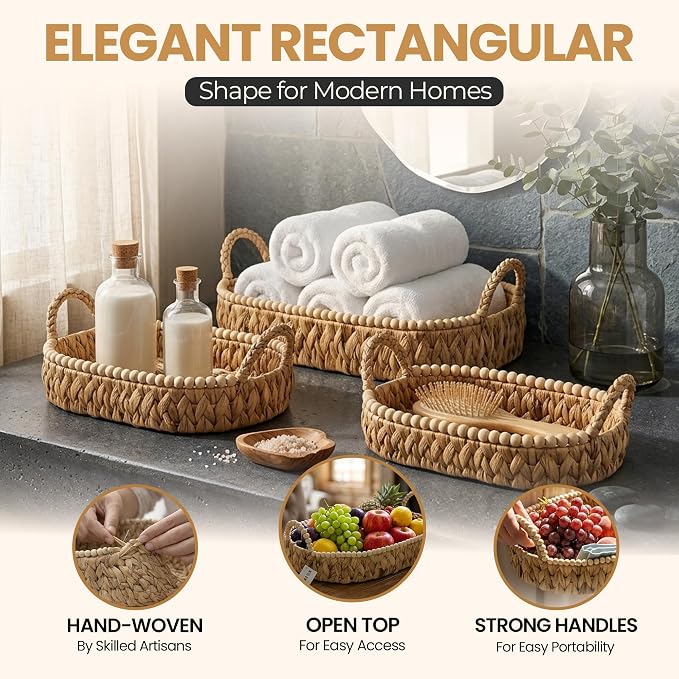 Handwoven Water Hyacinth Wicker Basket Set of 3 - Storage Baskets with Handles & Scalloped Edge for Living Room, Nursery Organization, Laundry & Pantry Wicker Baskets Use - Image 6