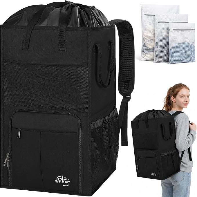 Large Laundry Backpack Bag with 3 Sizes Mesh Wash Bags Total 170L | 2 in 1 Laundry Hamper Basket with Shoulder Straps, Freestanding Laundry Bag for College Dorm, Laundromat, Apartment by WELIDAY