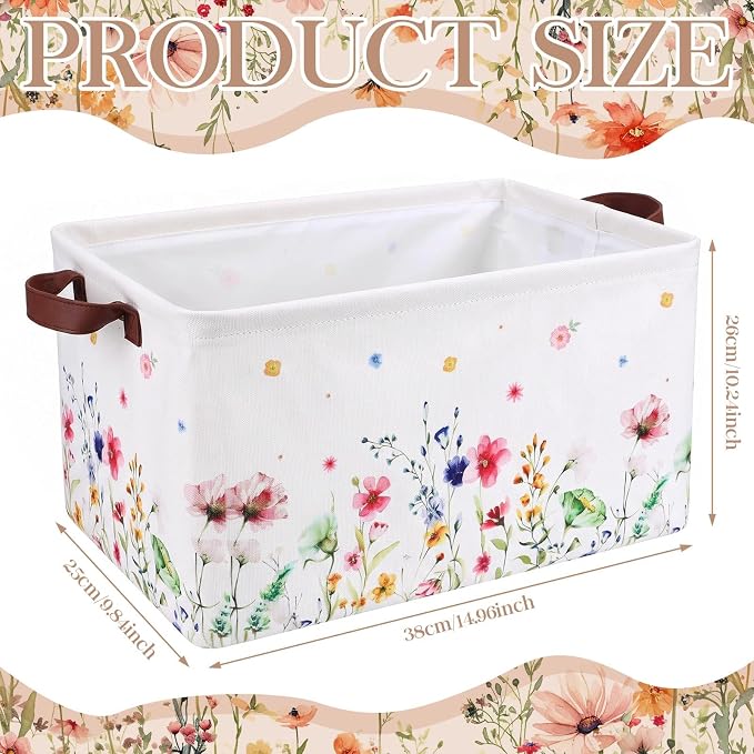Fourluoo 12 Pack Floral Storage Basket with Handles Clothes Storage Basket Bin Foldable Box Bins Organizer for Closet Shelf Nursery Kid Room Book Toy Chest - Image 3