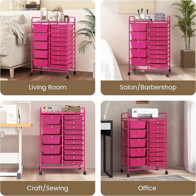 COSTWAY 15 Drawer Rolling Storage Cart, Mobile Storage Organizer | Removable Drawers & Metal Frame, Multipurpose Utility Tools Paper Organizer on Wheels for Home, Office (Hot Pink) - Image 8