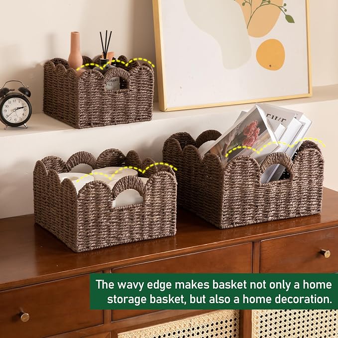 OIAHOMY Scalloped Wicker Baskets, Hand-woven Storage Baskets with Built-in Handles, Paper Rope Shelf Baskets for Organizing and Decoration, Set of 3-Brown - Image 6
