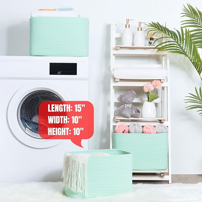 3-Pack Decorative Woven Storage Baskets for Shelves, Cube Bin Box for Organizing Books, Shoes, Dog Toys, Pantry Closet and Living Room Organizer, Mint - Image 6