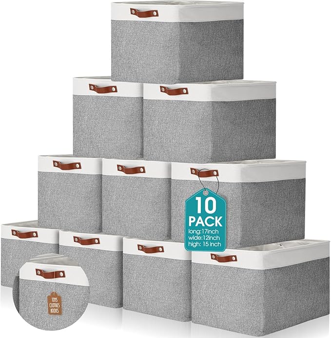 Uiifan 10 Pcs Collapsible Storage Bins Fabric Foldable Storage Basket with Handles Cloth Organizer Linen Shelf Baskets for Shelves Home Closet Nursery Toys(17 x 15 x 12 Inch,Gray and White) by Uiifan