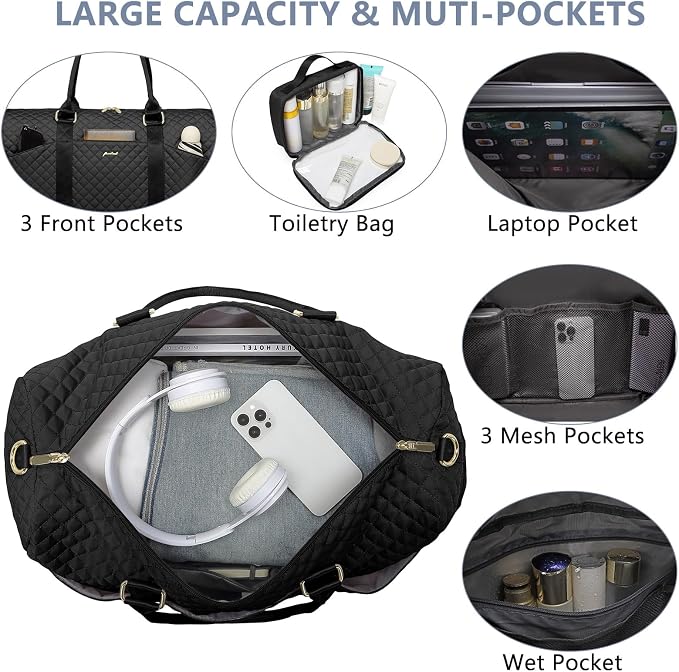 Women Weekender Travel Duffle Bag: Travel Duffel Overnight Bags with Shoe Compartment Large Carry on Tote with Toiletry Bag Weekend Traveling Yoga Gym Hospital Bag for Women with Wet Pocket Black - Image 2