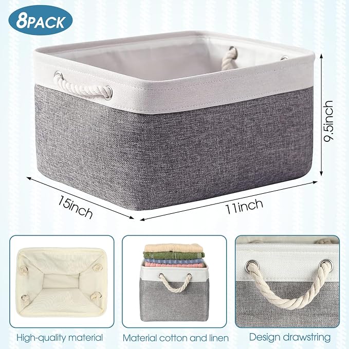 meekoo 8 Pack Collapsible Storage Bins Fabric Storage Bins Polyester Fabric Baskets with Handles Linen Closet Organizer for Shelf Home Closet Towels Toys(15 x 11 x 9.5 in,Gray White) - Image 2