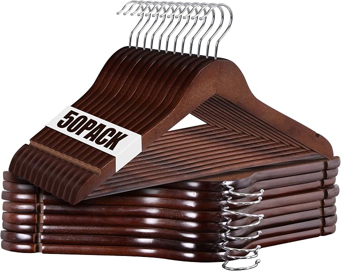 JupiterForce Wooden Clothes Hangers 50 Pack, Non-Slip Wood Coat Hanger with 360° Swivel Hook, Heavy Duty Hangers for Coats, Shirts,Suits, Jackets, Dress, Pant(Brown) by JupiterForce