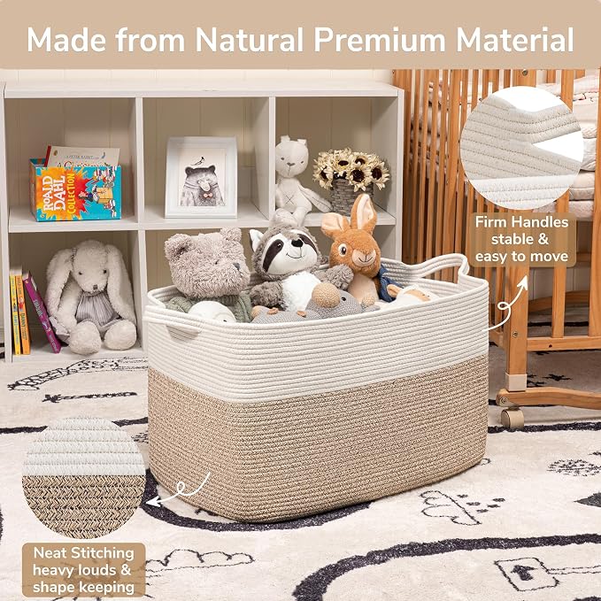 Goodpick 85L Large Woven Rope Blanket Basket, White & Light Brown | 23.6'' x 15.7'' x 13.8'' Storage Basket for Blankets, Toys & Clothes, Nursery & Bedroom Organization, Reinforced Handles - Image 6