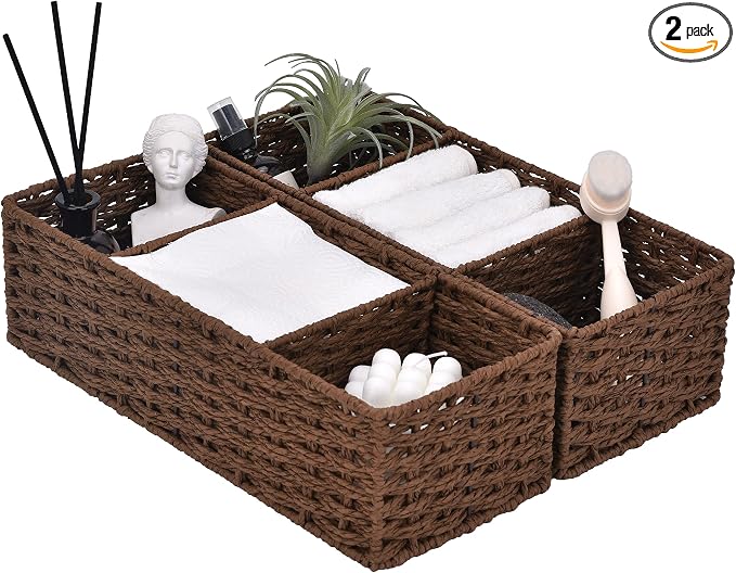 StorageWorks Toilet Paper Basket, Paper Rope Back of Toilet Basket, Walnut | Wicker Basket, Toilet Paper Storage for Back of Toilet Tank, Woven Baskets for Shelves, Wicker Baskets with 3 Compartments by StorageWorks