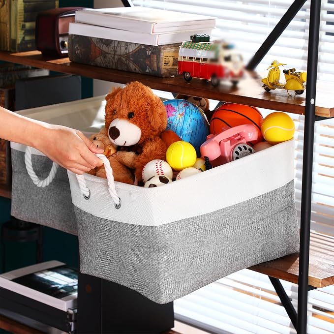 FoldTier 10 Pack Large Collapsible Fabric Storage Baskets with Handles Decorative Storage Bins for Organizing Shelves Toys Clothes(White & Gray,16 x 12 x 10 Inches) - Image 6